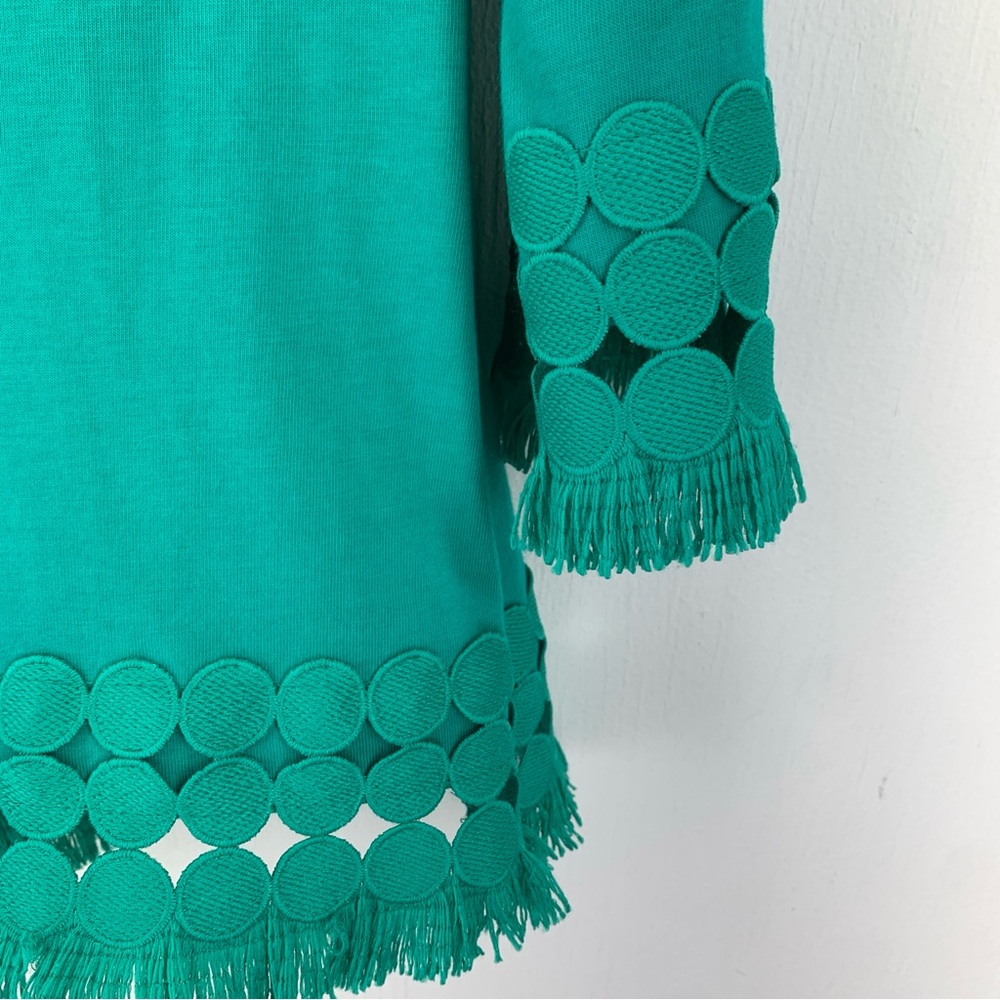 Talbots XS Tunic Top Boat Neck Green Pima Cotton Embroidered Medallion Fringe - Picture 12 of 12